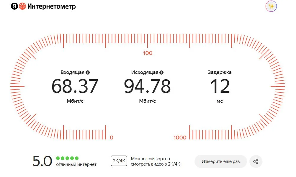 Результаты замера скорости с помощью Яндекс Интернетометр